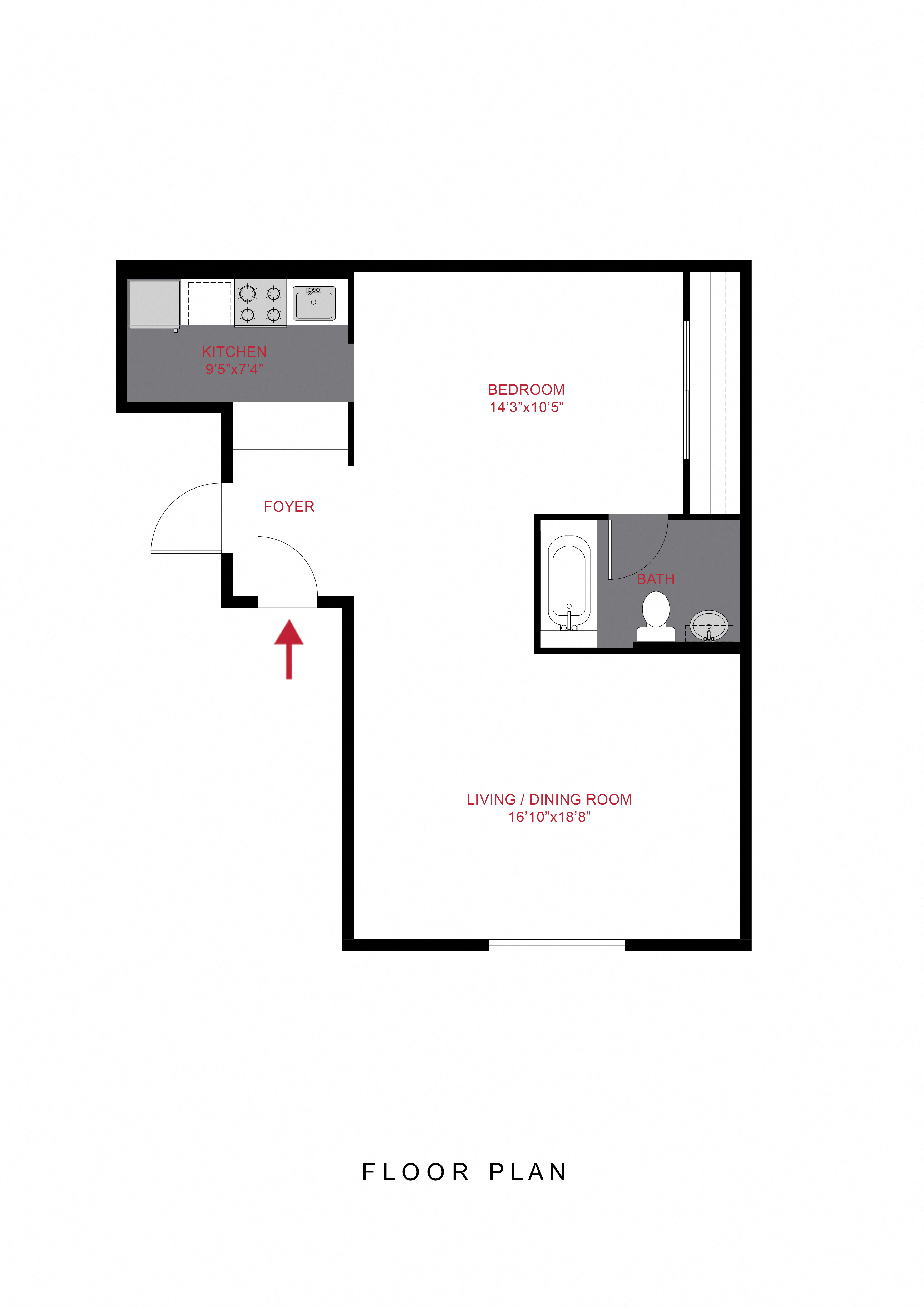Floor plan for studio, 1 bath, 590 sqft